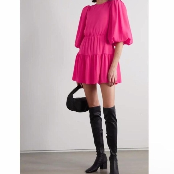 ALICE & OLIVIANWT Coral Shayla Tiered Puff Sleeve Crepe Mini Dress, Size 14